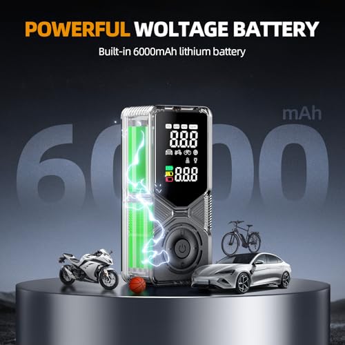 Tire Inflator Portable Air Compressor – 150PSI Cordless Car Pump with 6000mAh Battery & 12V DC Backup, Auto Shut-Off Digital Gauge for Car, SUV, Motorcycle, Bike, Ball