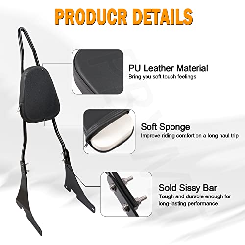 PBYMT Black Detachable Passenger Sissy Bar Backrest Pad Compatible for Harley Davidson Sportster XL1200 XL883 2004-2024