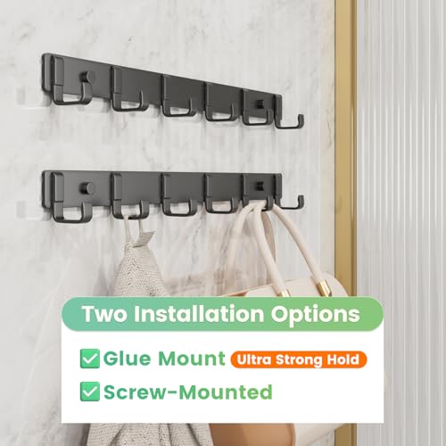 16-Inch Wall Mount Coat Rack with 6 Hooks, Compact Hooks for Hanging Coats, Hats, Bags and Purses in Entryway, Bedroom, Bathroom or Closet, Install with Strong Glue or Screws (3-Pack) - color: Black - 3 Pack