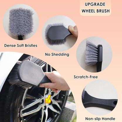 Tire Brush Wheel Cleaner Brush,Soft Bristle Cleaning Brush,Car Wash Brush Clean Tires & Wheel Releases Dirt and Road Grime,Car Accessories for Women/Men,Short Handle for Easy Scrubbing,Scratch-Fr-ee