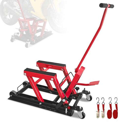 1500 Lbs Hydraulic Moto Jack, Foot-Operated, 4 Wheels & Foldable,Red | 1500 Lbs Hydraulic Scissor Jack, Foot-Operated Stand, 4 Wheels for Mobility, Foldable Storage, for Moto/ATV/UTV - color: Red