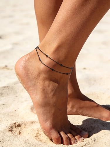 U7 Silver/Gold Ankle Bracelets for Women Layered Chain Anklets Stainless Steel Waterproof Summer Beach Anklet Cham, Adjustable 8.5"-10.5" - color: Black - Layered Ball Chain