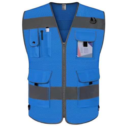 TCCFCCT Mesh Reflective Vest 9 Pockets High Visibility Safety Vest for Men Women, Hi Vis Construction Vest with Reflective Strips, Meets ANSI/ISEA Standards, (Blue, Small) - color: Blue, size: Small