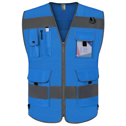TCCFCCT Mesh Reflective Vest 9 Pockets High Visibility Safety Vest for Men Women, Hi Vis Construction Vest with Reflective Strips, Meets ANSI/ISEA Standards, (Blue, Small) - color: Blue, size: Small