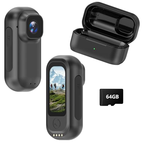 Mini Body Camera A300, 2K Thumb-Sized Wearable Action Cam, 1.47" LCD Screen, 64G SD Card, 1800mAh Charging Case, POV Loop Recording for Bike, Motorcycle Helmet & Outdoor Activities (Black) - color: Black, size: 64GB