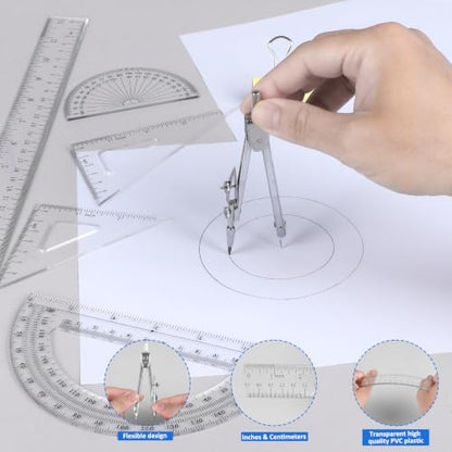 Coopay 7 Pcs Geometry Kit with Ruler, Triangle Ruler, Protractor and Compass Set | 12'' & 6'' Straight Rulers, 45°/60°Triangle Ruler, 6" & 4" Protractors, Compass, Geometry, Drafting, Math, School, Office - size: 7 Pcs Geometry Math Tool
