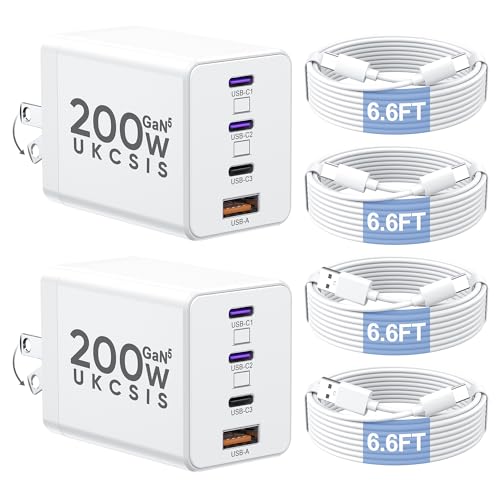 2 Pack 200W USB C Charger Block, Foldable 4-Port GaN5 Super Fast Charger USB C, Dual 65W Type C Charging Block, Laptop Fast Charging Adapter for MacBook Pro/Air, iPad, iPhone, Samsung Galaxy White - color: White, size: 2 Pack