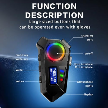 Jectse Wireless Motorcycle Earphone, Helmet Headset with Color Ambient Lights, FM Radio, LCD Display, Noise Reduction, Voice Assistant, IP65 for Long Rides