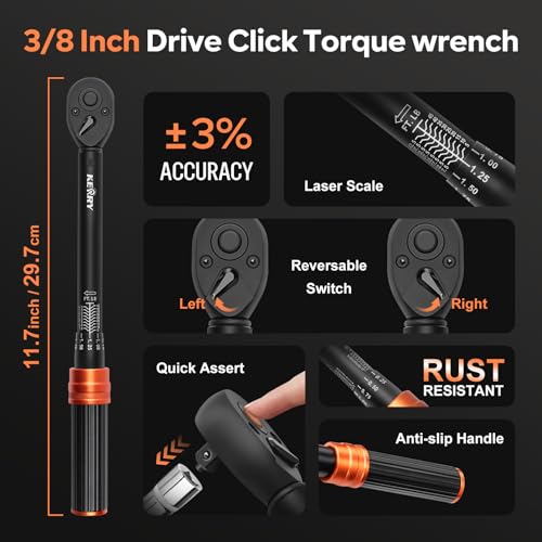 Kerry 3/8-Inch Drive 5-45 ft-lb / 6.8-61 Nm Spark Plug Torque Wrench Set, 10-Piece Kit with Magnetic Swivel Sockets, 10-Inch Extension Bar and Universal Joint - size: 5-45FT.LB 10-piece, style: 3/8"