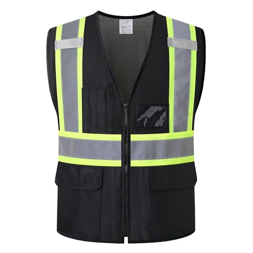 Reflective Safety Vest for Men Women Hi Vis Vest with Pockets High Visibility Vest Mesh Construction Vests Meets ANSI/ISEA Standards (Black-33, Large) - color: Black-33, size: Large