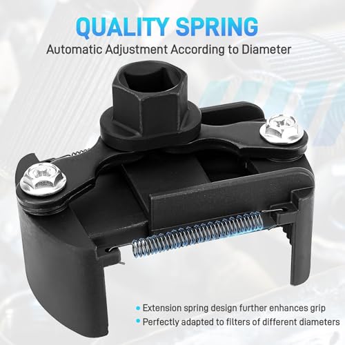 Universal Adjustable Oil Filter Wrench– 2-3/8 to 3-1/8 Inch (60-80mm) Cap Style Tool, 1/2" Drive Removal Tool with Non-Slip Serrated Jaws – Fits Small to Medium Spin-on Filters, UTVs, JetSkis