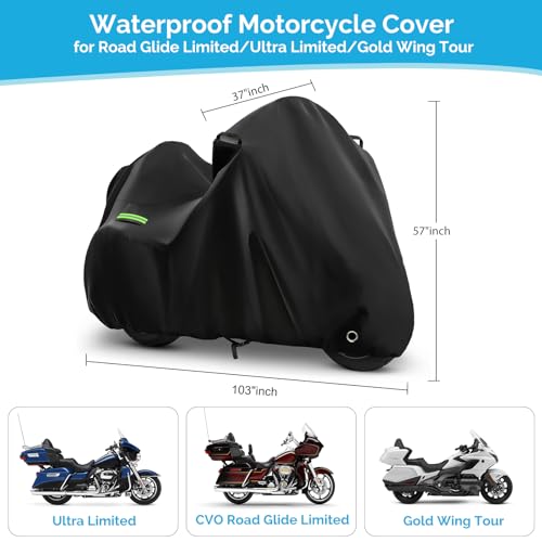 Motorcycle Cover for Touring Road Glide/Ultra Limited/Gold Wing Tour/Indian Pursuit, 210T Waterproof Sun UV Rain Outdoor Protection Motorbike Cover with Lock Hole & Soft Cotton Lining - size: Touring Limited