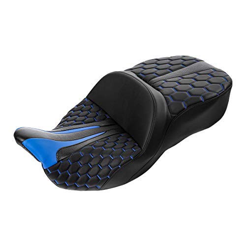 C.C.Rider Leather Driver Passenger Seat - Bagger Comb Strapped 2-Up One-Piece fit for Harley Touring Road King FLHR Street Glide FLHX Road Glide FLTRX Electra Glide FLHT 2009-2023, Black+Blue - color: Black+Blue