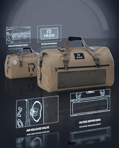 IRON JIA'S Motorcycle Dry Bag - Waterproof Duffle & Luggage Tail Bag Saddle Bags with Roll Top Closure, Shoulder Straps, Inner Pocket and Mesh Pocket (Brown, 70L) - color: Brown, size: 70L