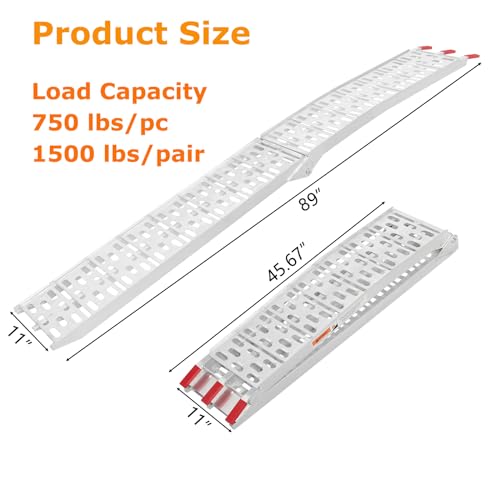 1Pc 7.5FT Aluminum Folding Loading Ramp, Pickup Trucks Bed Trailers Ramps for Load Dirt Bike UTV ATV Lawn Mowers Cargo 90" Lx11 W, 750 lbs Capacity