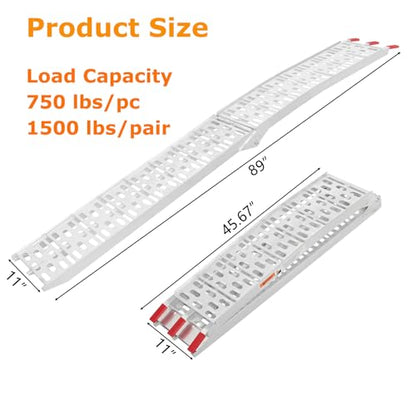 1Pc 7.5FT Aluminum Folding Loading Ramp, Pickup Trucks Bed Trailers Ramps for Load Dirt Bike UTV ATV Lawn Mowers Cargo 90" Lx11 W, 750 lbs Capacity