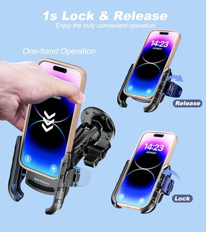 LOKTENWO Anti Vibration Phone Mount, 1s Lock & Release Phone Holder with Shock Dampener, Camera Friendly Aluminum AMPS Round Base Medium Arm for Car Motorcycle UTV Truck Boat, Fits 5.4"-7.2" Phones
