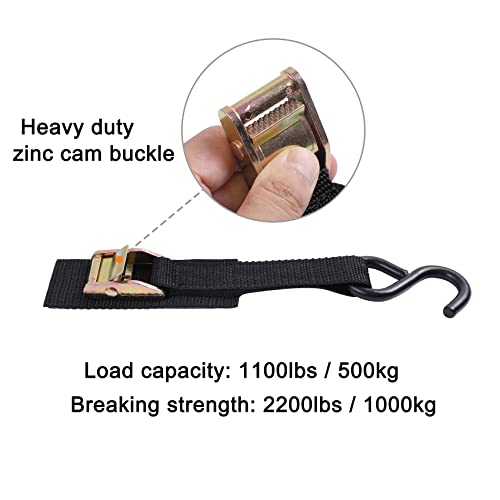 Ayaport Cam Buckle Tie Down Straps 10 feet 2200lbs Break Strength Securing Straps with S Hooks for Motorcycle, Kayak, Car, Truck, Dirt Bike, Pack of 4 - size: Cam Buckle-1"x10\' black