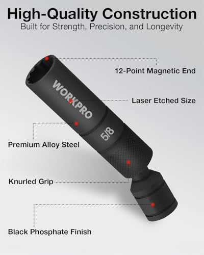 WORKPRO 5/8" Swivel Magnetic Spark Plug Socket 12-Point, 1mm Thin Wall, 360 Swivel, 3/8" Drive x 4", Black Phosphate Finish, Anti-Slip Knurled Grip - size: 5/8"×3/8"×4"