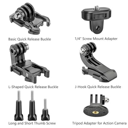 Helmet Mount for GoPro Go Pro, Curved Flat Adhesive Sticky Mounts, J-Hook L-Shaped, Basic Quick Release Buckle, Thumb Screw, Tripod 1/4" Screw Mount Adapter, Action Camera Accessories Kit 24PCS