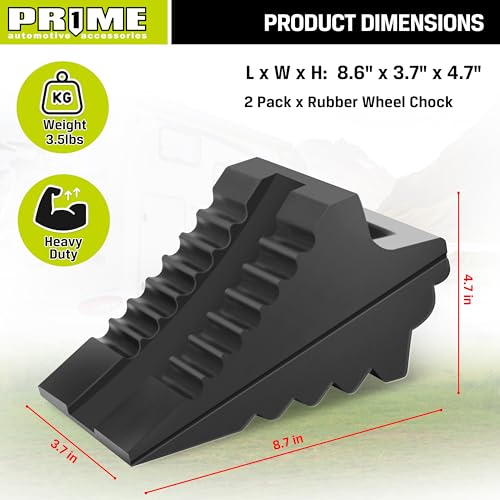 Prime 1 PR1ME Heavy Duty Rubber Wheel Chocks, Rubber Tire Blocks, RV Solid Rubber Wheel Wedge Blocks, 2 Pack Black 8.6" x 3.7" x 4.7", Carrying Handle, for Travel Trailer, Camper, RV, Truck