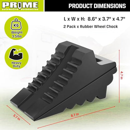 Prime 1 PR1ME Heavy Duty Rubber Wheel Chocks, Rubber Tire Blocks, RV Solid Rubber Wheel Wedge Blocks, 2 Pack Black 8.6" x 3.7" x 4.7", Carrying Handle, for Travel Trailer, Camper, RV, Truck