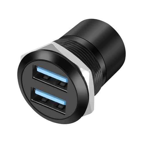 XMSJSIY USB 3.0 Panel Threaded Fixed Mount Adapter Dual USB Type-A Panel Mount Socket Female to Female with Anti-loosening Gasket 2-Port USB A Through Connector for Data Transfer/Charging (Round) - style: Round