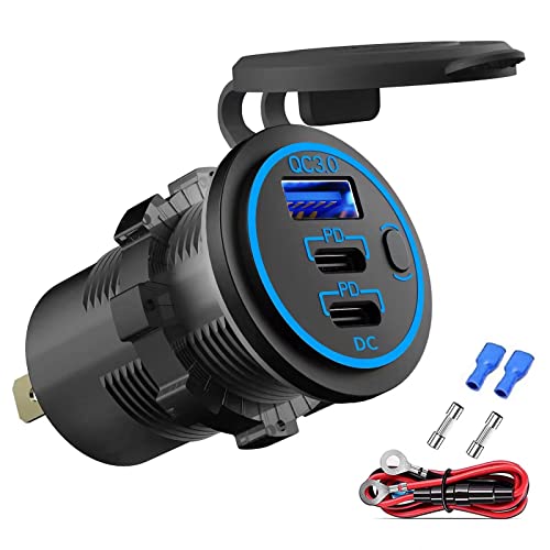 12V USB Outlet Wire USB Charger Multi Port, Dual PD3.0 USB-C and Quick Charge3.0 Car Port Socket with Power Switch, Fast Charge for Phone lPad Android Phones, Suitable for Car Boat RV Marine ATV - color: pack of one