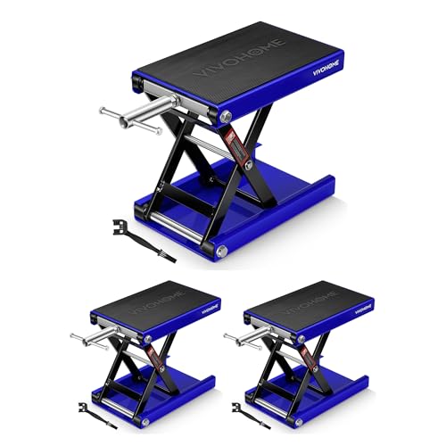 VIVOHOME 1100 LBS Motorcycle Lift Scissor Jack, Wide Deck Hoist Stand, Height Adjustable Center Stand with Crank, Steel Lift for Cruiser, Dirt Bike, ATV - Blue 3 Pack