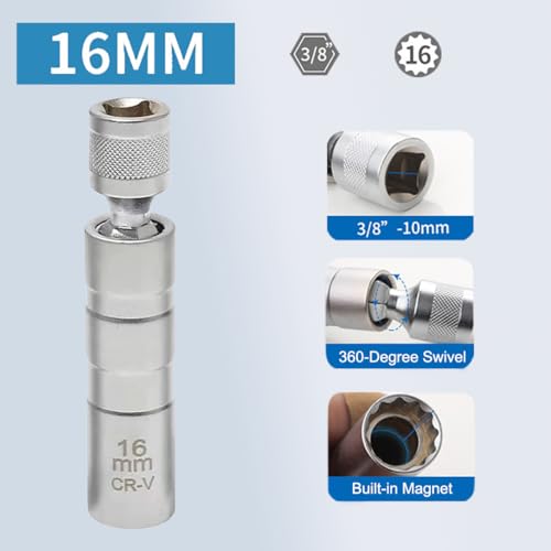 Resze 5/8-Inch（16mm） Thin Wall Spark Plug Socket,12 Points 3/8" Drive Spark Plug Socket,Car Tools,Magnetic Rotating,360-Degree Swivel,Suitable for Most Motorcycle,Car,SUV - size: Short 5/8"（16mm）