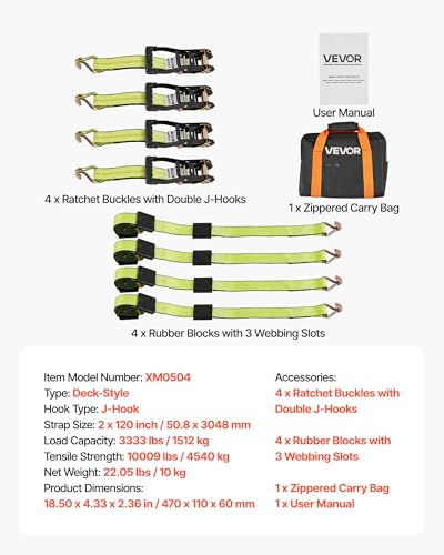 VEVOR Wheel Chock Tie-Down Kit, Deck-Style Trailer Tie Down Strap, Car Tie Down Kit with J-Hook, Break Strength 10009 lbs & Working Load 3333 lbs Motorcycle System for SUVs, Trailers, Trucks - style: Deck-Style with J-Hook