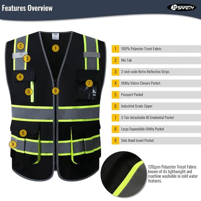 JKSafety 7 Pockets High Visibility Black Safety Vest for Men and Women Zipper Front with Hi-Vis Reflective Strips Meets ANSI/ISEA Standards (130-Black, Medium) - color: Black-sf07, size: Medium