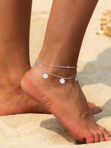 U7 Silver/Gold Ankle Bracelets for Women Layered Chain Anklets Stainless Steel Waterproof Summer Beach Anklet Cham, Adjustable 8.5"-10.5" - color: Silver - Ball Chain+Paperclip Chain