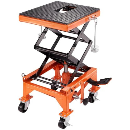 Hydraulic Motorcycle Lift Table, 350 LBS Capacity Motorcycle Scissor Jack Lift with Wide Deck, J-Hooks, 4 Wheels, Hydraulic Foot-Operated Jack Stand for ATV Dirt Bikes