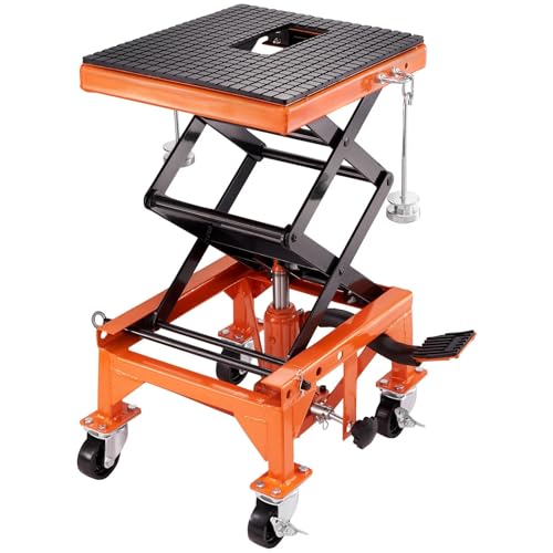 Hydraulic Motorcycle Lift Table, 350 LBS Capacity Motorcycle Scissor Jack Lift with Wide Deck, J-Hooks, 4 Wheels, Hydraulic Foot-Operated Jack Stand for ATV Dirt Bikes
