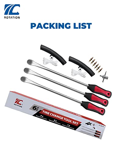 ROTATION 14.5" Steel Tire Spoons Tool Set, 6-Piece Tire Iron Kit, Professional Tire Removal Tools for Motorcycle Dirt Bike Scooter, Include 3 Tire Spoons, 2 Rim Protector, 1 Valve Tool, 6 Valve Cores - size: 6pc set