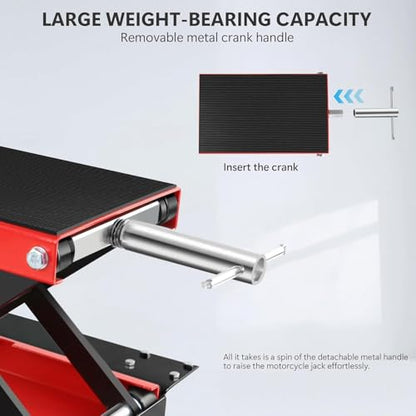 1100LBS Motorcycle Lift-Hydraulic Motorcycle Stand Table Jack, Narrow and Wide Deck Motorcycles Scissor Jack with Ratchet & Crank for ATV, Dirt Bikes