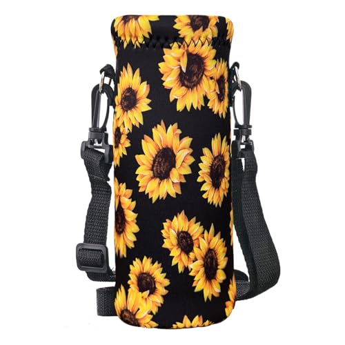 RICHEN Neoprene Water Bottle Carrier Bag with Adjustable Shoulder Strap,Insulated Water Bottle Cover for Stainless Steel/Glass/Plastic Bottles - color: Sunflowers, size: 750ml