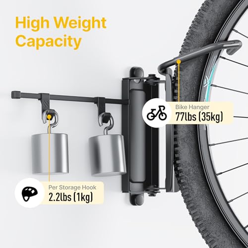 monTEK Swivel Bike Wall Mount, Bike Hangers for Garage, Bike Wall Mount with Two Extra Storage Hooks, Bike Hanger Wall Mount for Space Saving, Bike Rack Garage Holds Up to 77 lbs - style: 1-Pack with 2 Storage Hooks