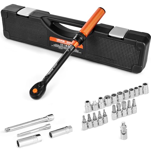 VEVOR 26Pcs Torque Wrench Set, 3/8 Inch Drive, 3.7-44.3FT.LB(5-60Nm), 72-Tooth Click Torque Wrench with Hex/Torx/Spark Plug Sockets, Extension Bars, 1/4 Adapter, for Bicycle Motorcycle Maintenance - size: 25PCS(3.7-44.3FT.LB), style: 3/8-inch