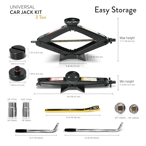 Car Jack Kit 3 Ton (6,600 lbs) with Tesla Pad & Universal Rubber Pad | Scissor Jack for Car - Tire Jack Tool Kit | Portable, Ideal for SUV and Auto - Universal Emergency Kit with Lug Wrench - size: Car Jack Kit 3 Ton + pads/gloves/tire press