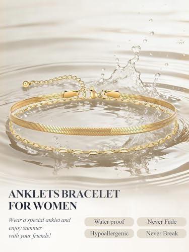 U7 Silver/Gold Ankle Bracelets for Women Layered Chain Anklets Stainless Steel Waterproof Summer Beach Anklet Cham, Adjustable 8.5"-10.5" - color: Gold - Flat Snake Chain+Paperclip Chain