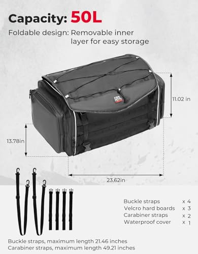 KEMIMOTO Motorcycle Travel Luggage Bags, Expandable Large Capacity Motorcycle Tail Bag, Waterproof Rear Rack Trunk, Motor Pannier Bag with Rain Cover and Straps 50L - size: 50L