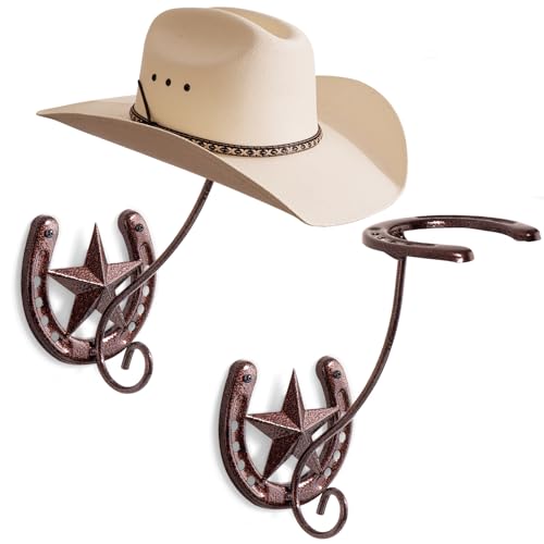 Cowboy Hat Rack for Wall Rustic Metal Cowboy Hat Holder 2 Pack Hat Hanger Western Wall Decor Horseshoe Hooks Storage Display Closet Bedroom Living Room Western Gift Antique Bronze - color: Antique bronze, size: 2 Pack