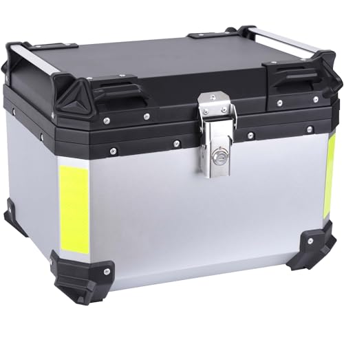 Motorcycle Top Case 57L Trunk Tail Box Bag Aluminum alloy handle With Leather Lining Anti-Theft With Lock And Back Cushion Waterproof Dustproof Easy Installation With Universal Bracket Silver - color: Silver（57L-Single Lock）