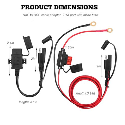 SAE to USB Cable Adapter, Quick Disconnect 2.1A USB Charger with Inline Fuse & O Ring Terminal, 12V-24V Waterproof SAE Fast Charging Socket Cable for Motorcycle Phone Tablet GPS