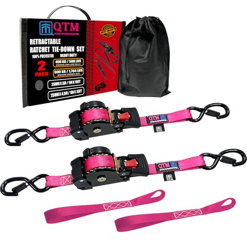 QTM 2-Pack Stainless Steel Spring Pink Retractable Ratchet Straps 1" x10' with Soft Loops, Heavy Duty, 2,000lbs Breaking Strength, with Storage Bag, Best for Cargo, Truck, Bicycle, Motorcycle - color: Pink-2pack, size: 1”x10'