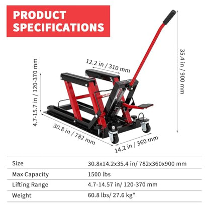 GarveeLife Hydraulic Motorcycle Lift Jack, Scissor Jack with with Foot Pedal & Wheels, 1500LB Capacity, 4.7''-14.57'' Height Range, Non-Slip Platform & 360° Swivel Casters, ATV/UTV/Dirt Bike Lift - color: Red