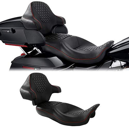 C.C. RIDER One-Piece Driver Passenger Seat with Wrap-around King Tour Trunk Backrest Pad fit for Harley Touring Road King FLHR Street Glide FLHX Road Glide FLTRX 2014-2023 - color: 08# Red+ Backrest