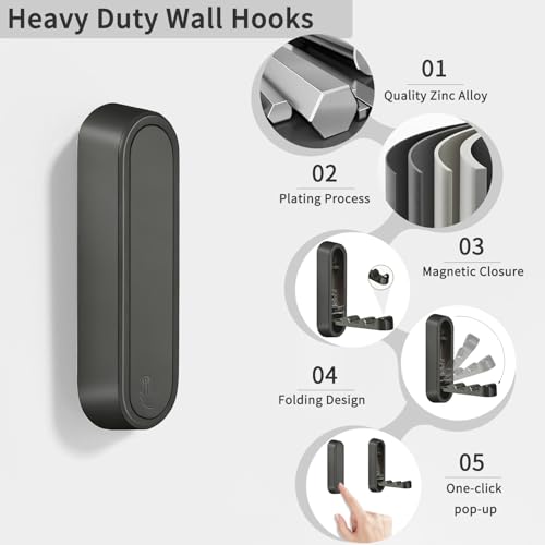 6PCS Foldable Wall Hooks, Zinc Alloy Flip Down Hooks, Retractable Wall Hooks for Bathroom, Entryway, Hanging Coats Hats Bags Keys (Black) - color: Black, size: 6 Hooks
